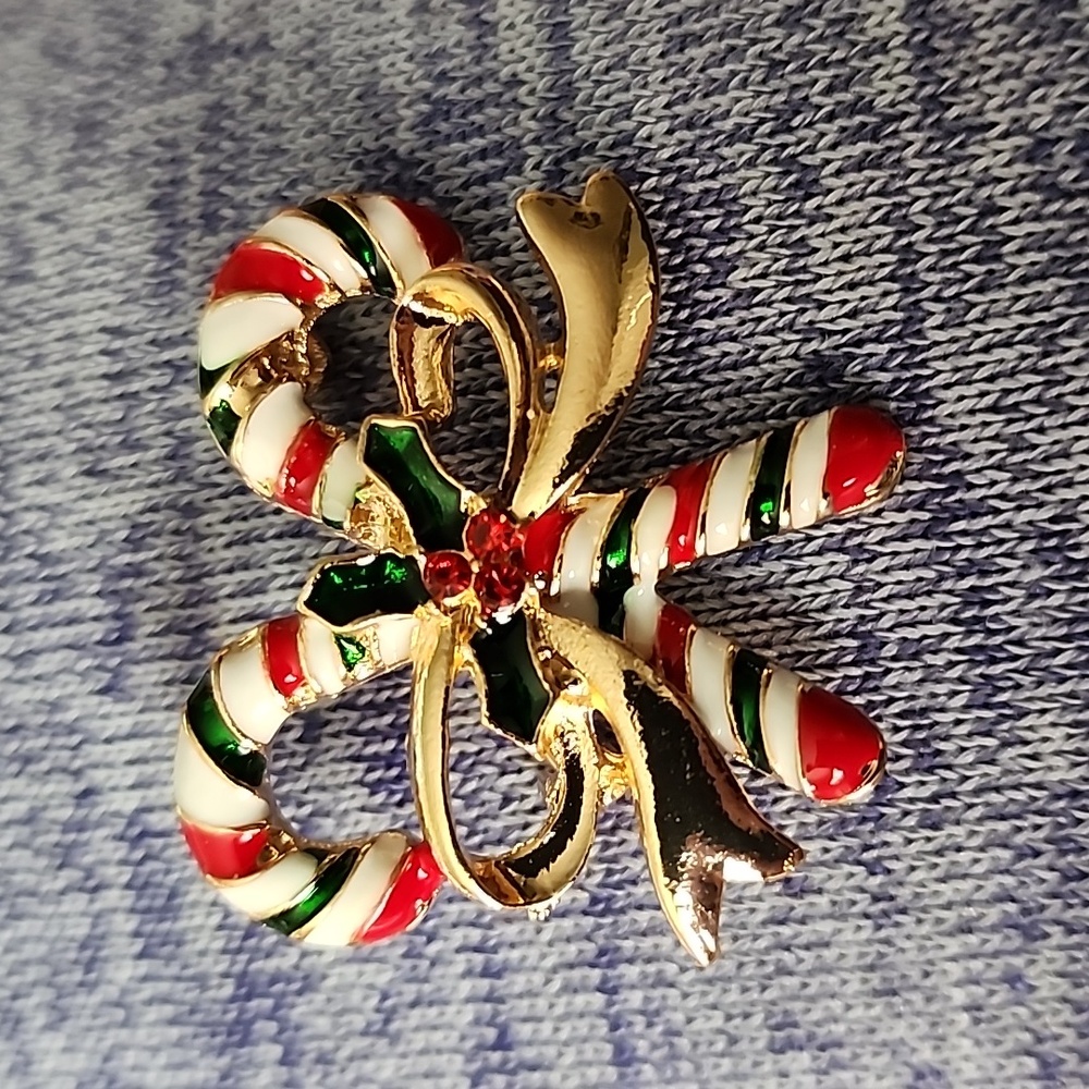 Red Green Enamel and Christmas  Candy Cane